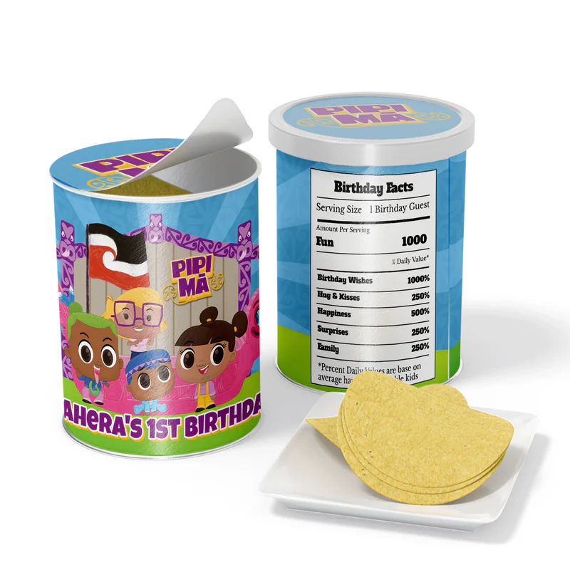 Pipi Ma small Pringles label wrap with colorful character designs displayed on a miniature snack can