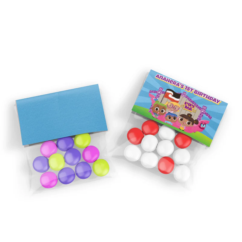 Pipi Ma treat bag topper label showing a colorful folded paper design sealing a clear candy pouch