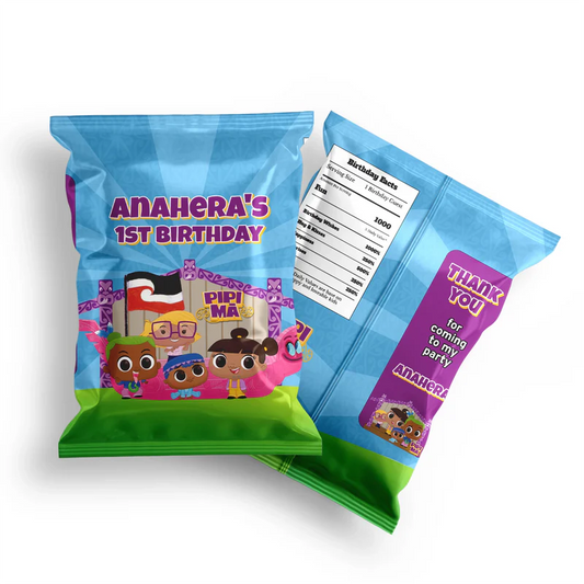Pipi Ma chips bag label mockup displaying a vibrant custom snack bag layout on a clean background