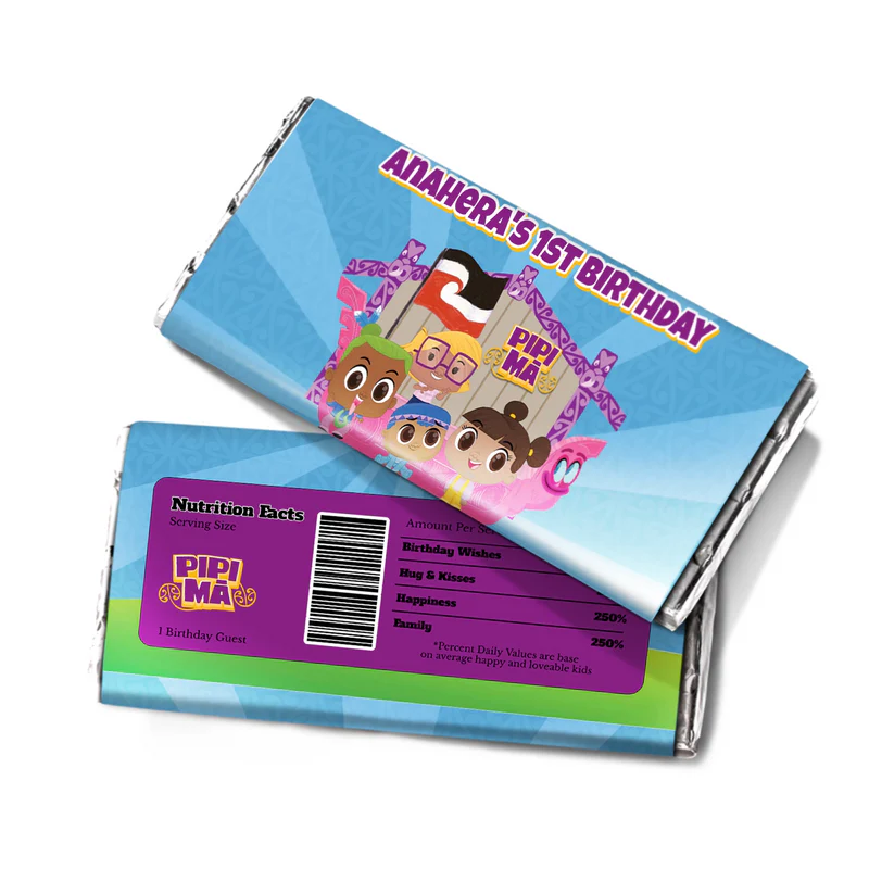 Pipi Ma chocolate label wrap featuring a colorful candy bar packaging layout against a white surface
