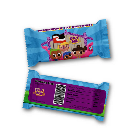 Pipi Ma Rice Krispies treats and candy bar labels shown together in a vibrant party snack display