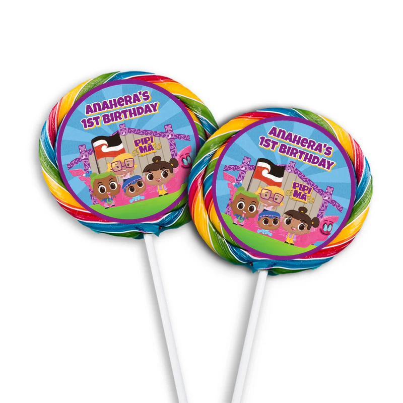 Pipi Ma lollipop label mockup featuring a colorful round sticker design attached to a clear wrapper