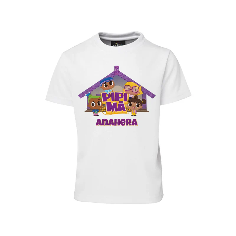 Pipi Ma sublimation T-shirt mockup showing a colorful graphic layout printed on a white cotton shirt