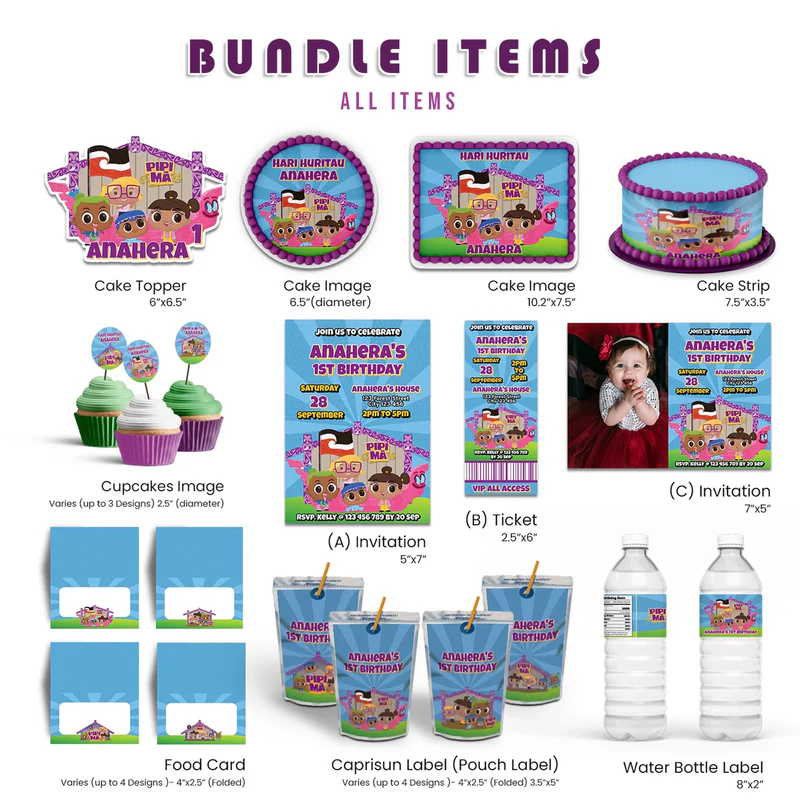 Pipi Ma personalized party pack template with colorful birthday decorations in a vibrant flat lay mockup