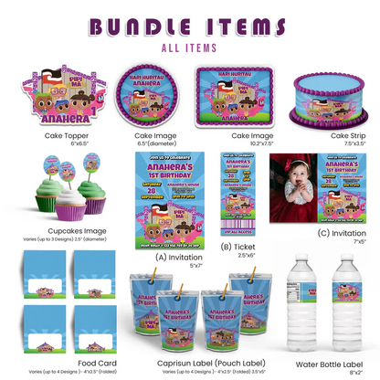 Pipi Ma personalized party pack template with colorful birthday decorations in a vibrant flat lay mockup