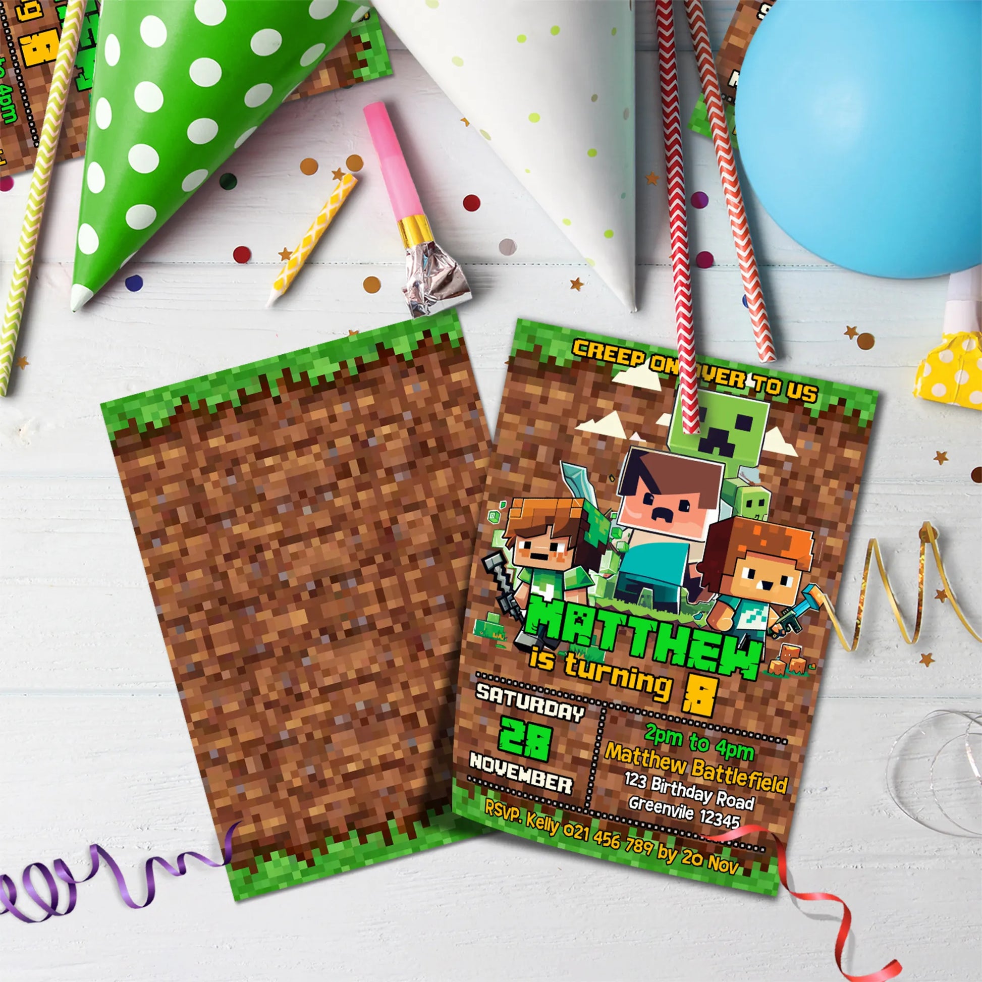 Minecraft Birthday Decorations, Minecraft Party Supplies, Minecraft Themed, Pixelated Game Digital Template, Editable Pixelated Image SVG PNG