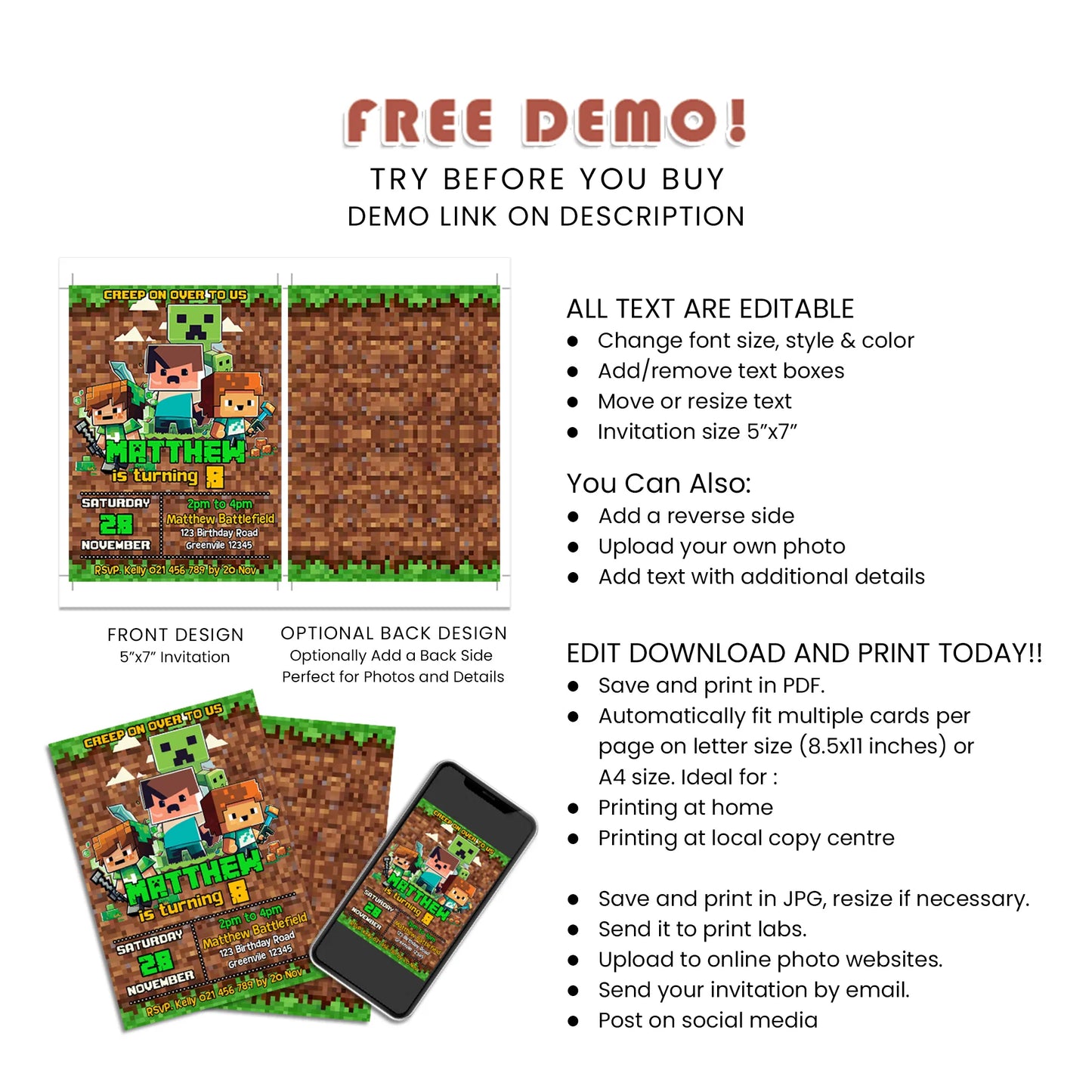 Pixelated Personalized Birthday Card Invitations for Themed parties