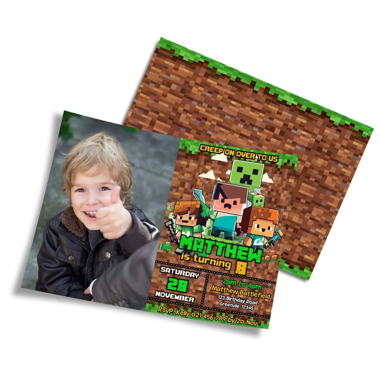 Minecraft personalized photo card invitations for special events 