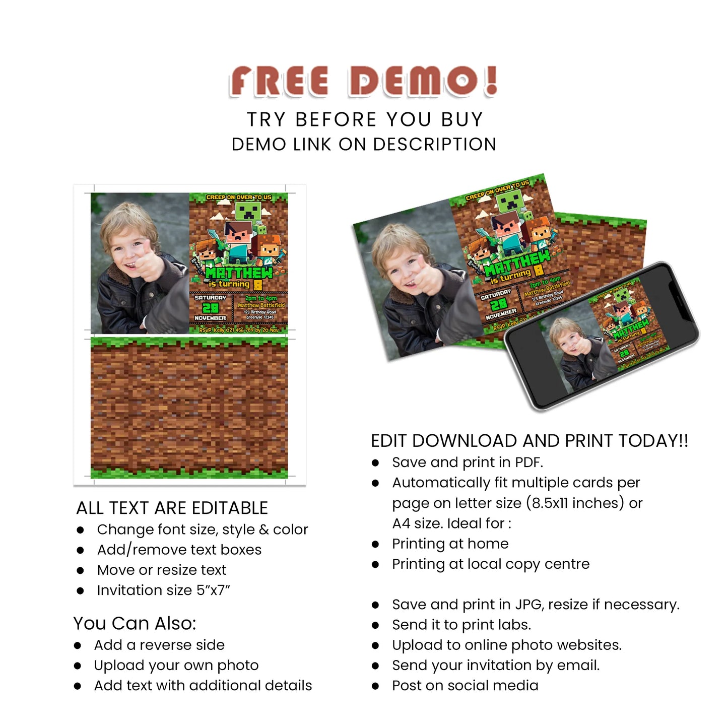 Pixelated Personalized Photo Card Invitations with Custom design