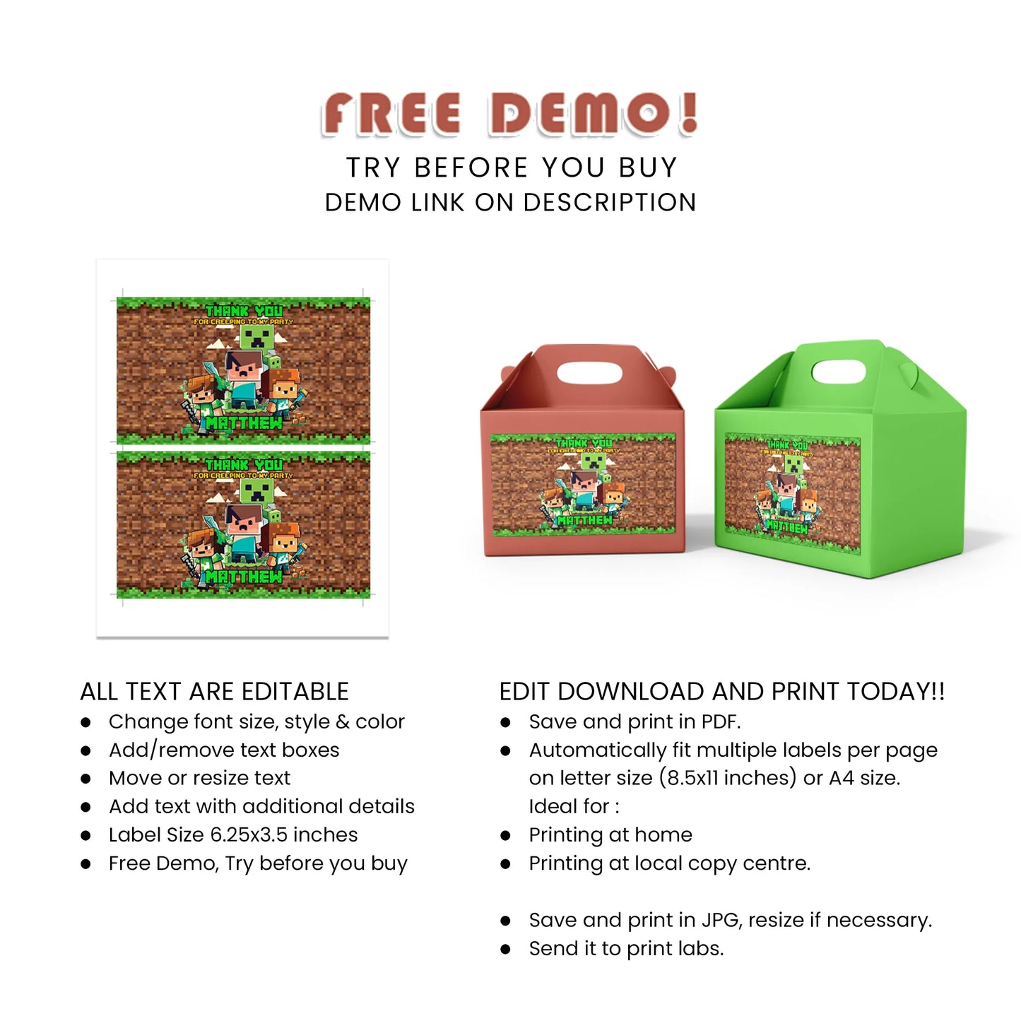 Pixelated Treat Box Label for Birthday Party favors