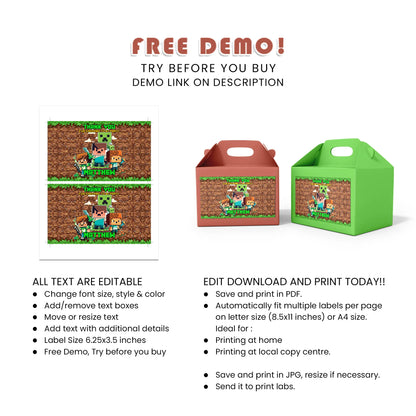 Pixelated Treat Box Label for Birthday Party favors