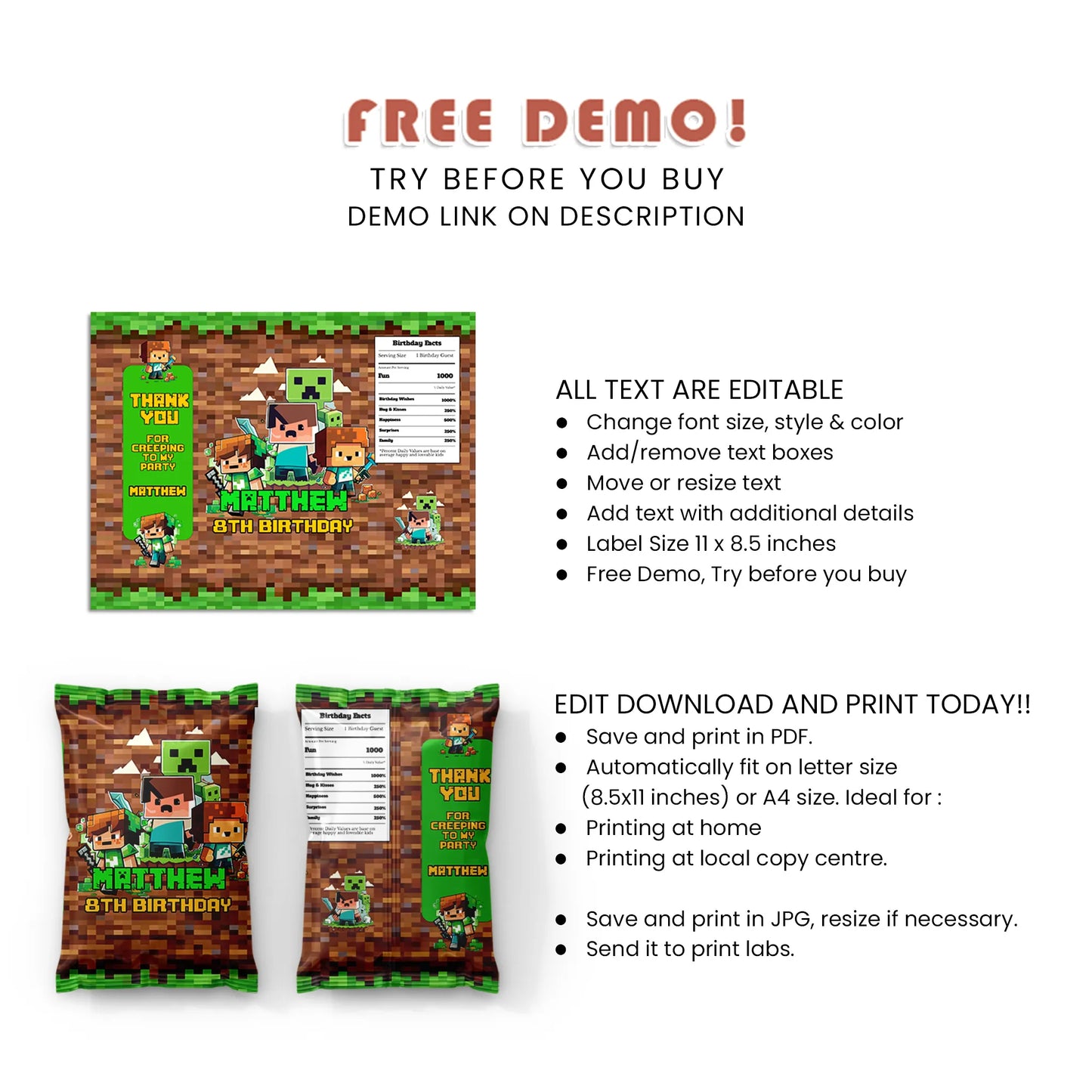 Pixelated Chips Bag Label for Custom Birthday Party decorations