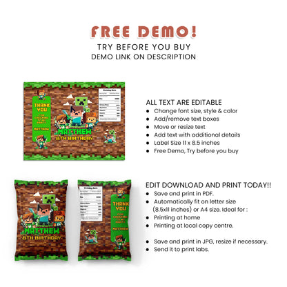 Pixelated Chips Bag Label for Custom Birthday Party decorations