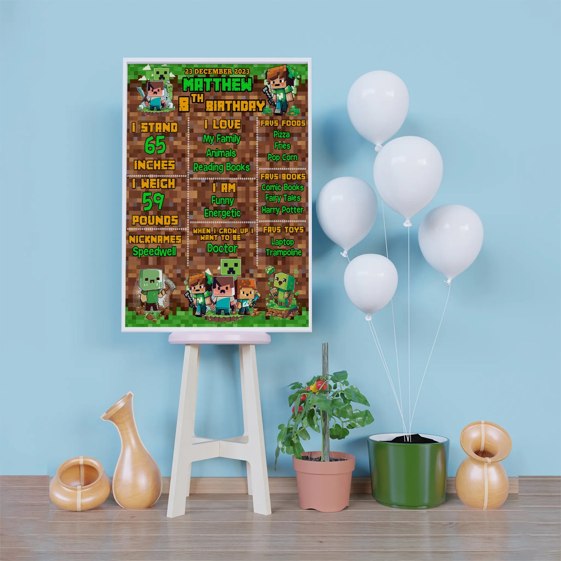 Minecraft Birthday Decorations, Minecraft Party Supplies, Minecraft Themed, Pixelated Game Digital Template, Editable Pixelated Image SVG PNG