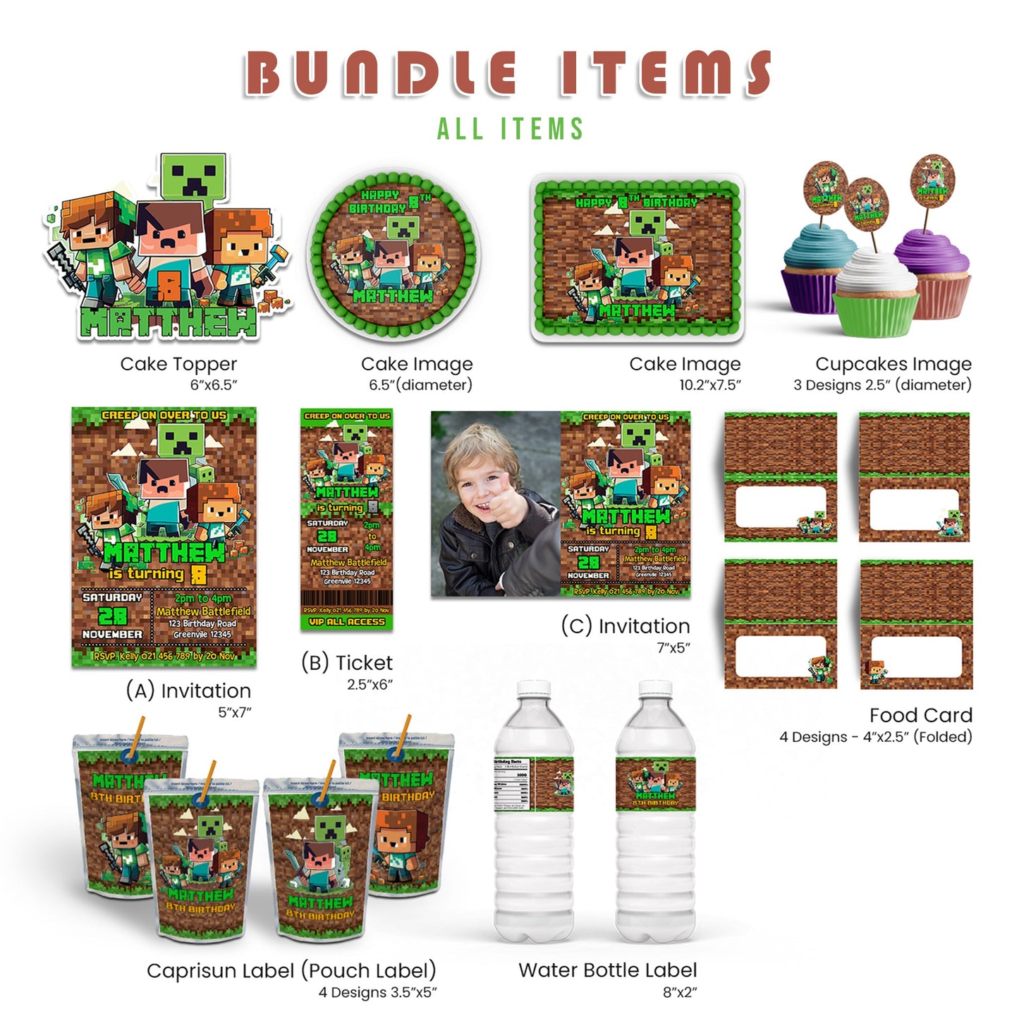 Minecraft Personalized Digital Template Party Pack featuring editable birthday decorations and invitations