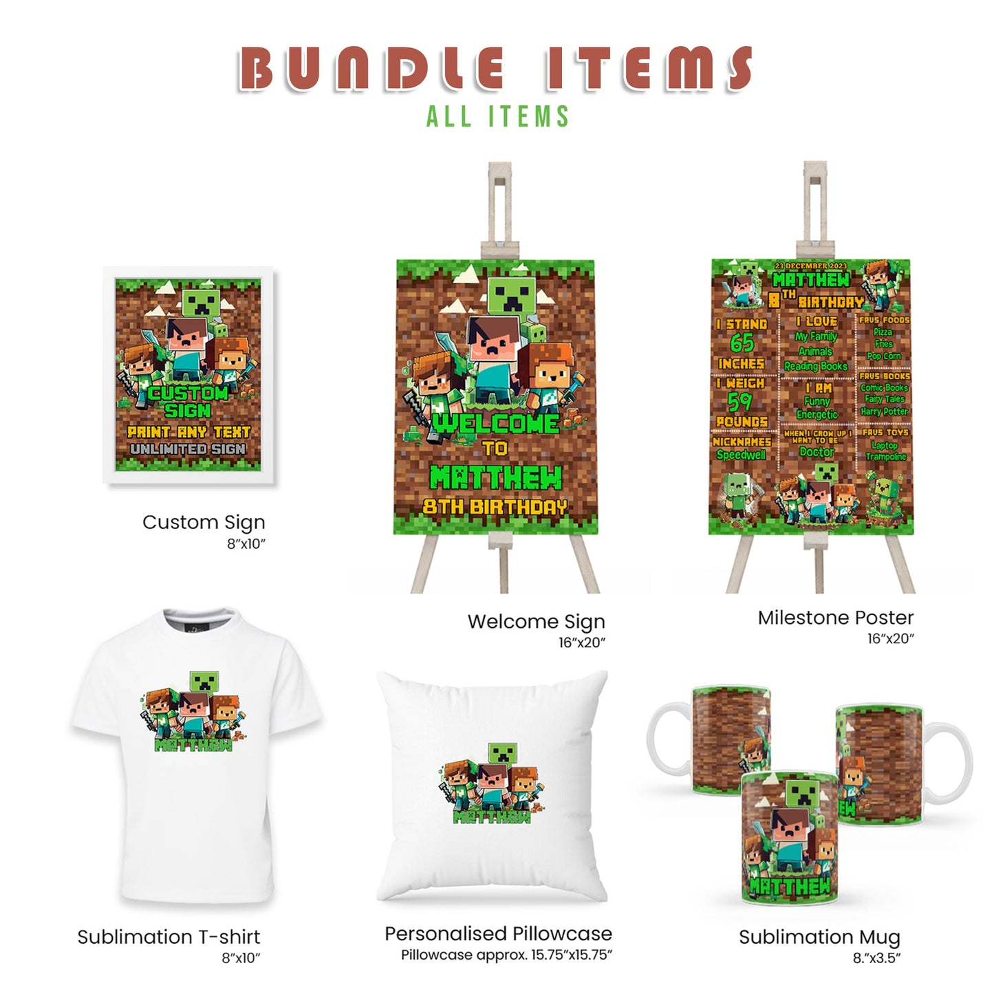 Pixelated Personalized Digital Template Party Pack Bundle for Editable Birthday Decorations