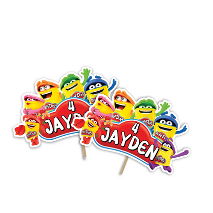 Play Doh personalized cake toppers, vibrant cartoon theme, circular cutouts on white background
