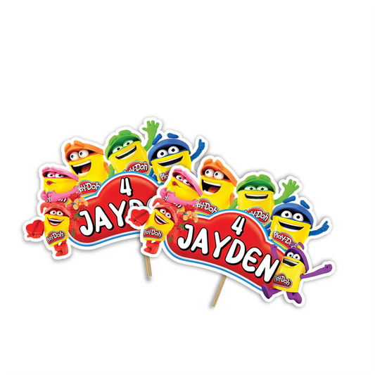 Play Doh personalized cake toppers, vibrant cartoon theme, circular cutouts on white background