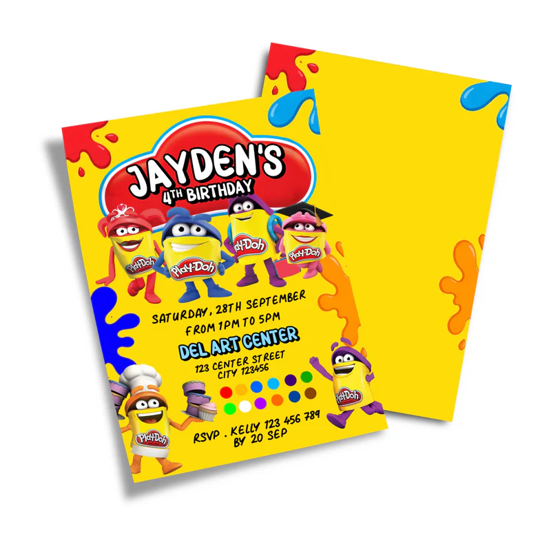 Play Doh birthday card invitations, bright cartoon theme, flat card layout on white background