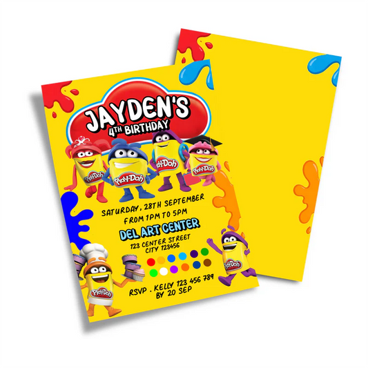 Play Doh birthday card invitations, bright cartoon theme, flat card layout on white background