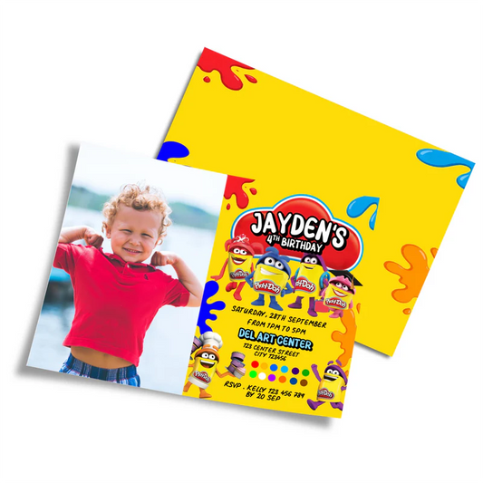 Play Doh photo card invitations, colorful custom photo design, flat layout on white background