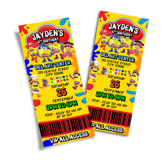Play Doh birthday ticket invitations, vibrant event ticket style, flat lay on white background
