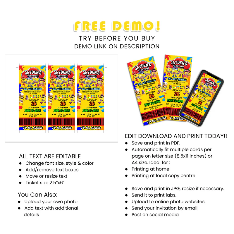 Play Doh Ticket Invitations – Custom Birthday Party Invites