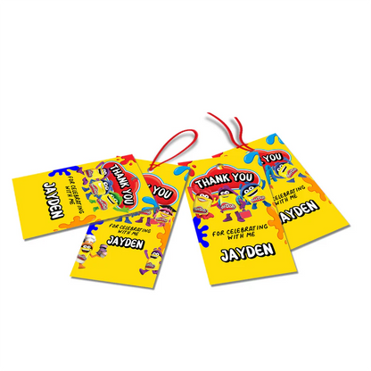 Play Doh thank you tags, bright cartoon theme, small tag set on white background
