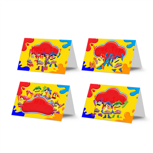 Play Doh food cards, colorful buffet labels, tent card layout on white background