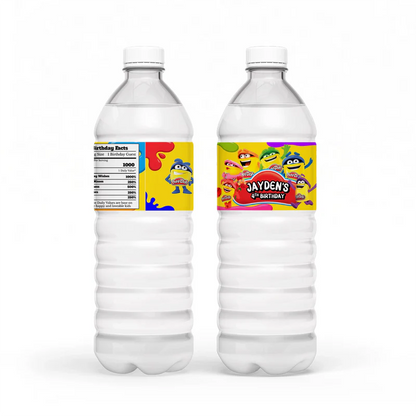 Play Doh water bottle label, vibrant wrap design, cylindrical mockup on white background