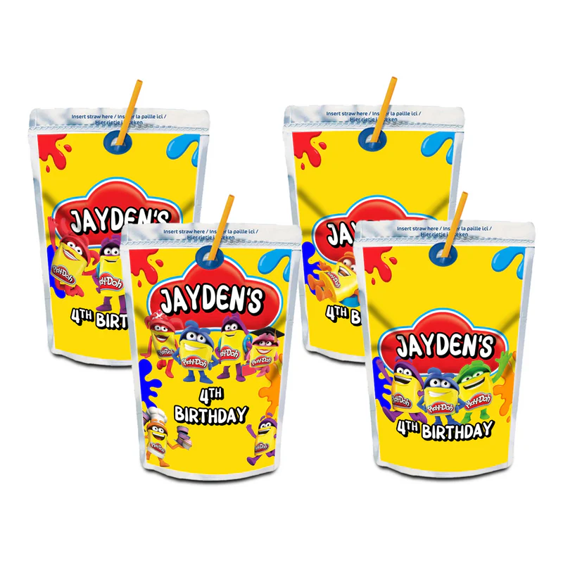 Play Doh juice pouch label, colorful drink wrap design, flat mockup on white background