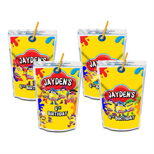 Play Doh juice pouch label, colorful drink wrap design, flat mockup on white background