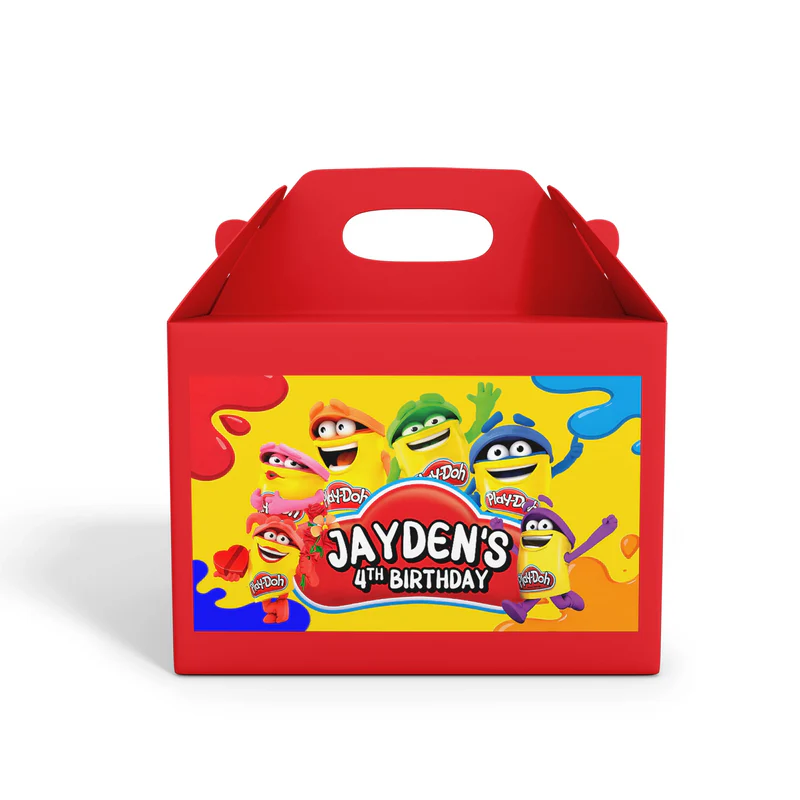 Play Doh treat box label, bright themed design, square label on white background