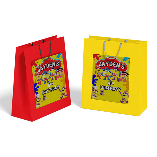 Play Doh goodie bag label, colorful party favor design, flat layout on white background