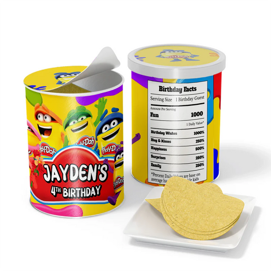 Play Doh small Pringles label, vibrant snack wrap design, cylindrical mockup on white background