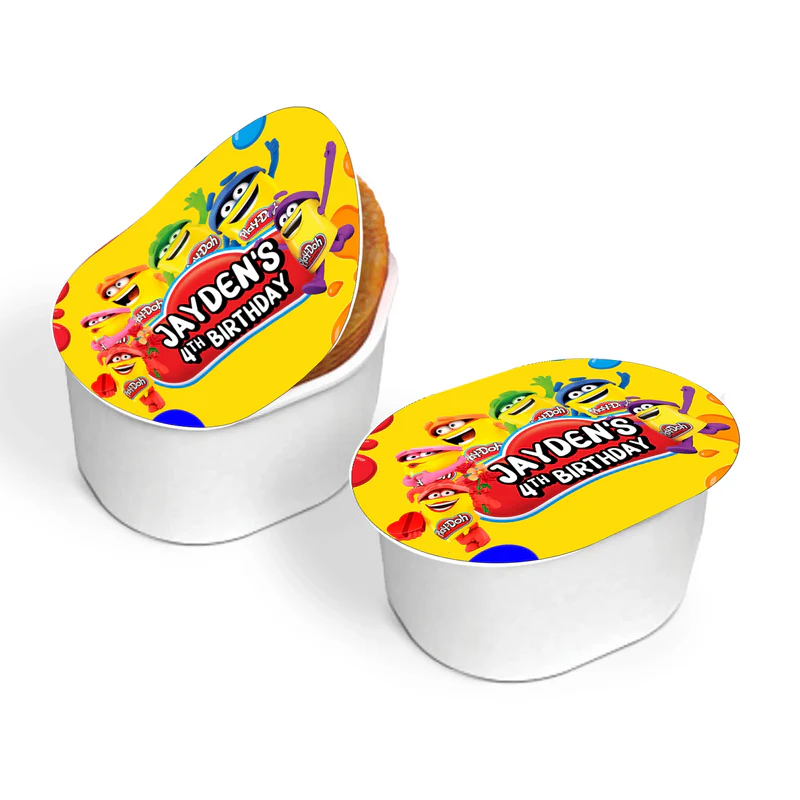 Play Doh mini Pringles label, colorful small can wrap, party mockup on white background