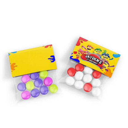 Play Doh treat bag topper label, bright fold-over design, flat lay on white background