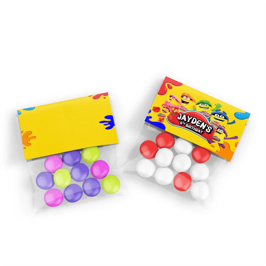 Play Doh treat bag topper label, bright fold-over design, flat lay on white background