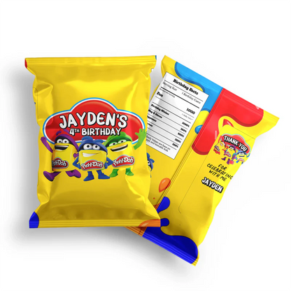 Play Doh chips bag label, colorful snack wrapper design, flat mockup on white background