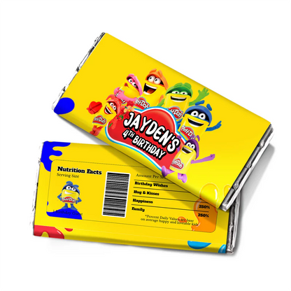 Play Doh chocolate label, vibrant candy bar wrapper, flat layout on white background