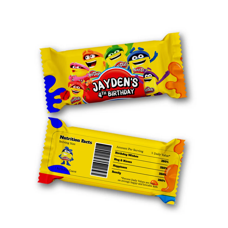 Play Doh rice krispies and candy bar labels, colorful treat wrappers, flat lay on white background