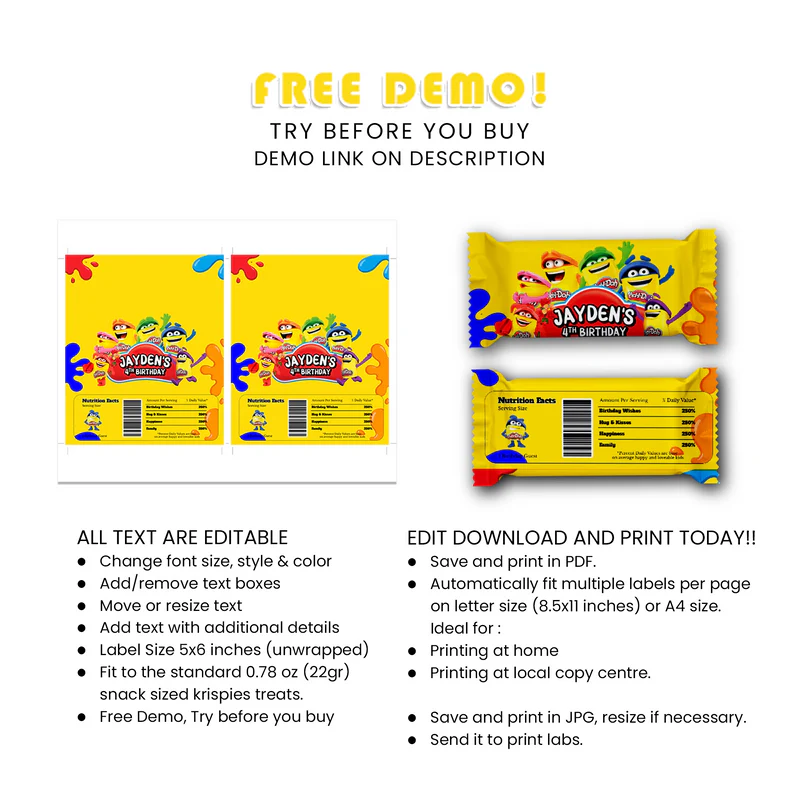Play Doh Rice Krispies & Candy Bar Labels – Custom Party Wraps