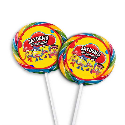 Play Doh lollipop label, bright round sticker design, candy stick mockup on white background