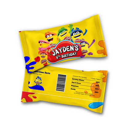 Play Doh Skittles label, colorful candy pack wrapper, flat layout on white background