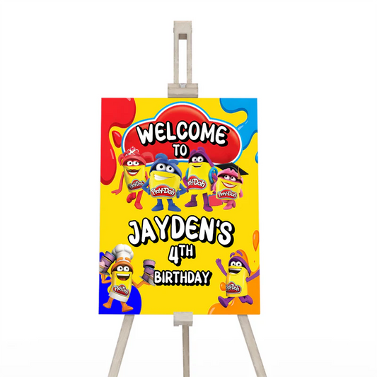 Play Doh welcome sign, colorful party entrance poster, vertical display on white background