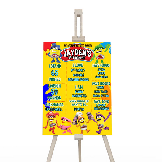 Play Doh milestone poster, bright birthday stats board, vertical layout on white background