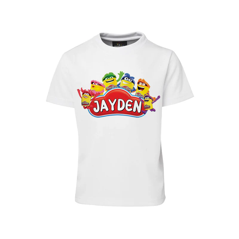 Play Doh sublimation T-shirt, colorful graphic design, flat lay apparel on white background