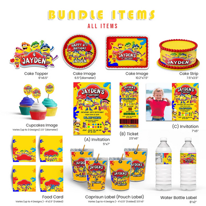Play Doh personalized party pack template bundle, colorful cartoon design, flat lay on white background
