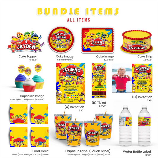 Play Doh personalized party pack template bundle, colorful cartoon design, flat lay on white background