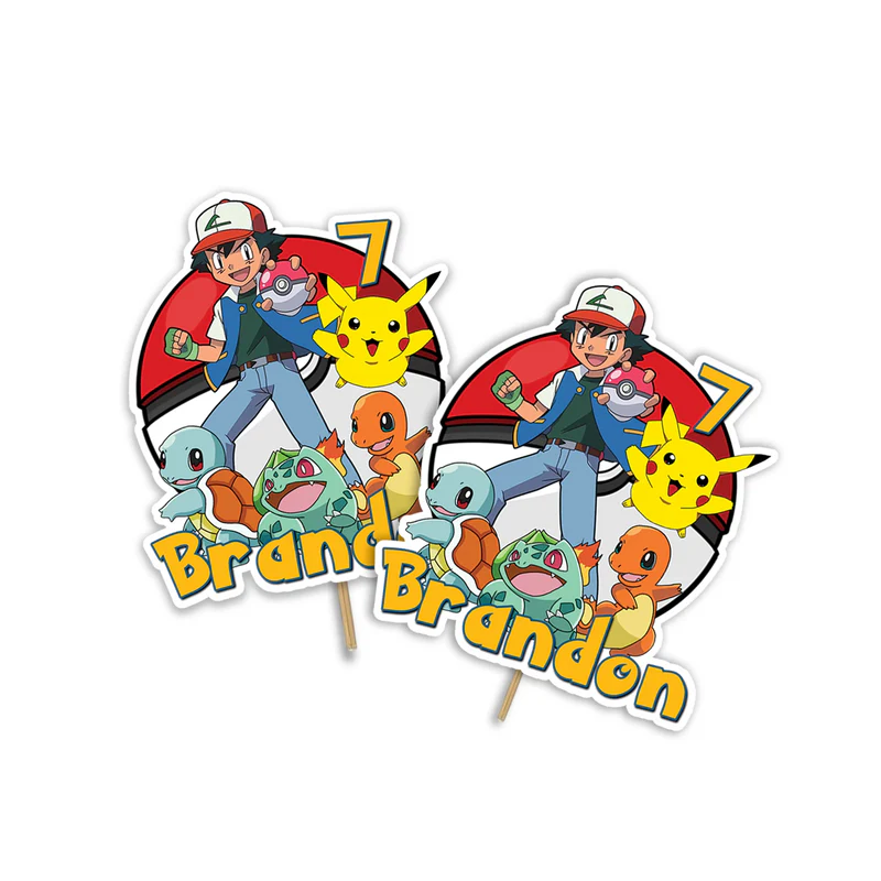 Pokemon personalized cake toppers featuring colorful character cutouts and custom birthday age details.